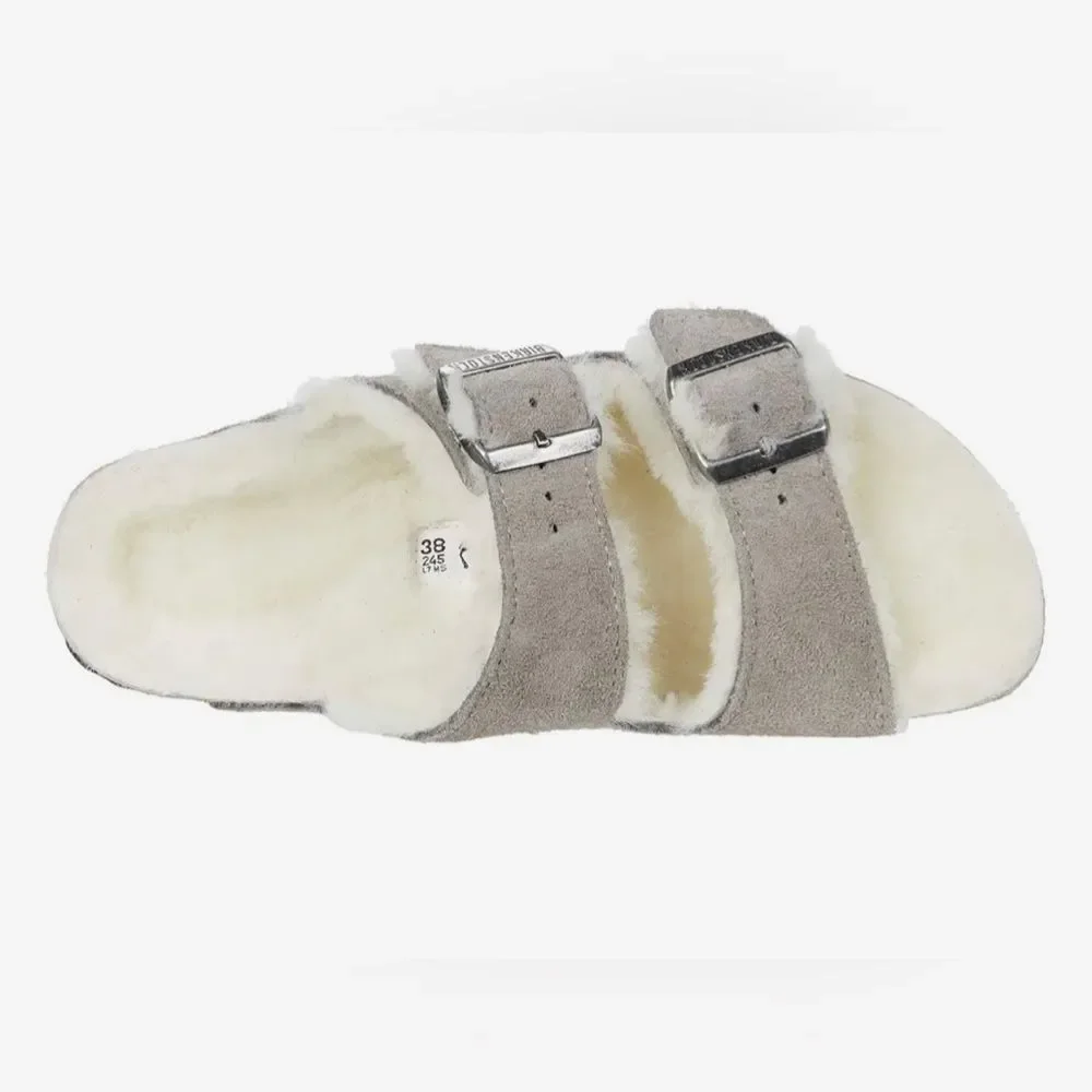 Birkenstock Arizona Shearling slide sandals featuring grey suede Size 40 (9-9.5)